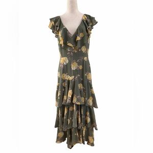 Wayf Chelsea Tiered Ruffle Floral Maxi Flowy Dress in Olive and Yellow